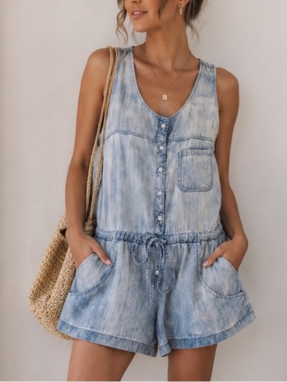 Rails 100% Tencel Chambray Romper XS Sleeveless Button Front Drawstring Waist